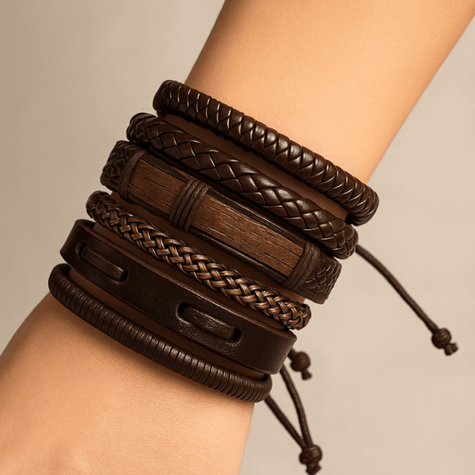 THE MEN THING Leather Bracelet STRING WOVEN - Multi-layer Set Genuine Braided Leather Bracelet Set for Men & Boys (8 inch)