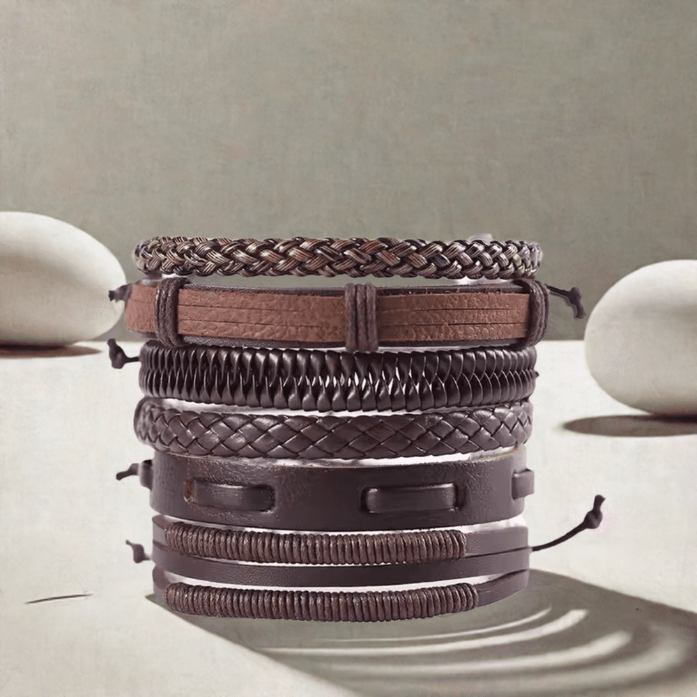 THE MEN THING Leather Bracelet STRING WOVEN - Multi-layer Set Genuine Braided Leather Bracelet Set for Men & Boys (8 inch)