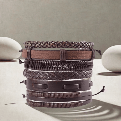 THE MEN THING Leather Bracelet STRING WOVEN - Multi-layer Set Genuine Braided Leather Bracelet Set for Men & Boys (8 inch)