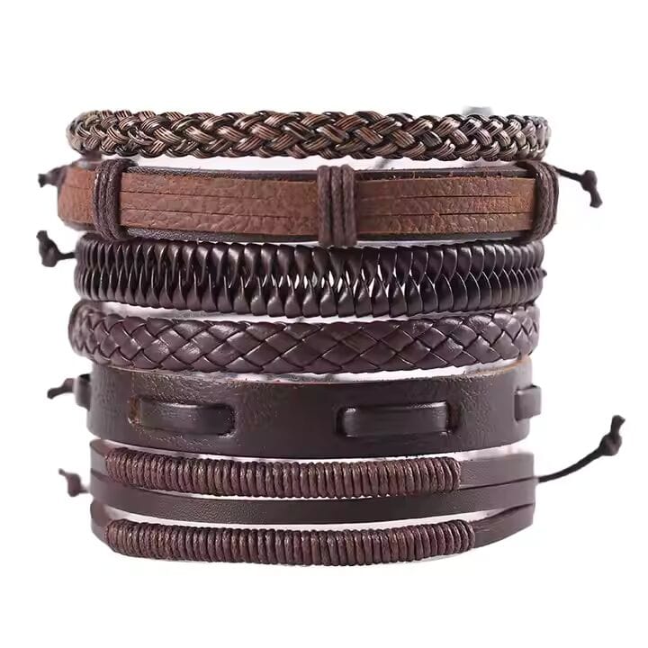 THE MEN THING Leather Bracelet STRING WOVEN - Multi-layer Set Genuine Braided Leather Bracelet Set for Men & Boys (8 inch)