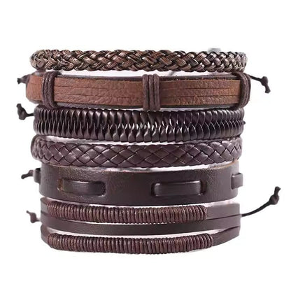 THE MEN THING Leather Bracelet STRING WOVEN - Multi-layer Set Genuine Braided Leather Bracelet Set for Men & Boys (8 inch)
