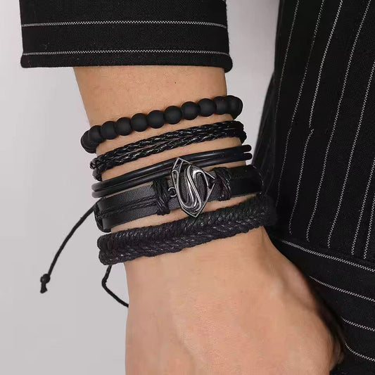 THE MEN THING Leather Bracelet SUPERNOVA BAND - 4 Pcs Genuine Braided Leather Bracelet Set for Men & Boys (8 inch)