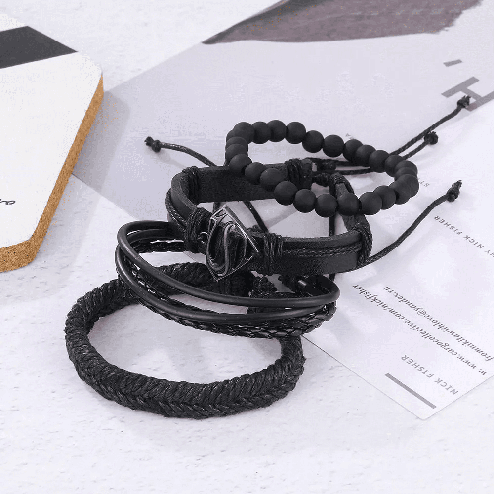 THE MEN THING Leather Bracelet SUPERNOVA BAND - 4 Pcs Genuine Braided Leather Bracelet Set for Men & Boys (8 inch)