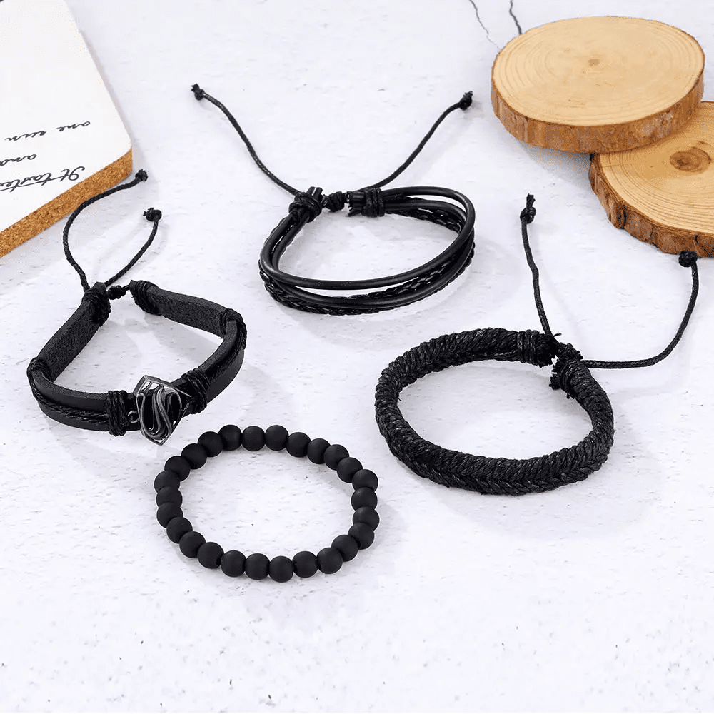 THE MEN THING Leather Bracelet SUPERNOVA BAND - 4 Pcs Genuine Braided Leather Bracelet Set for Men & Boys (8 inch)