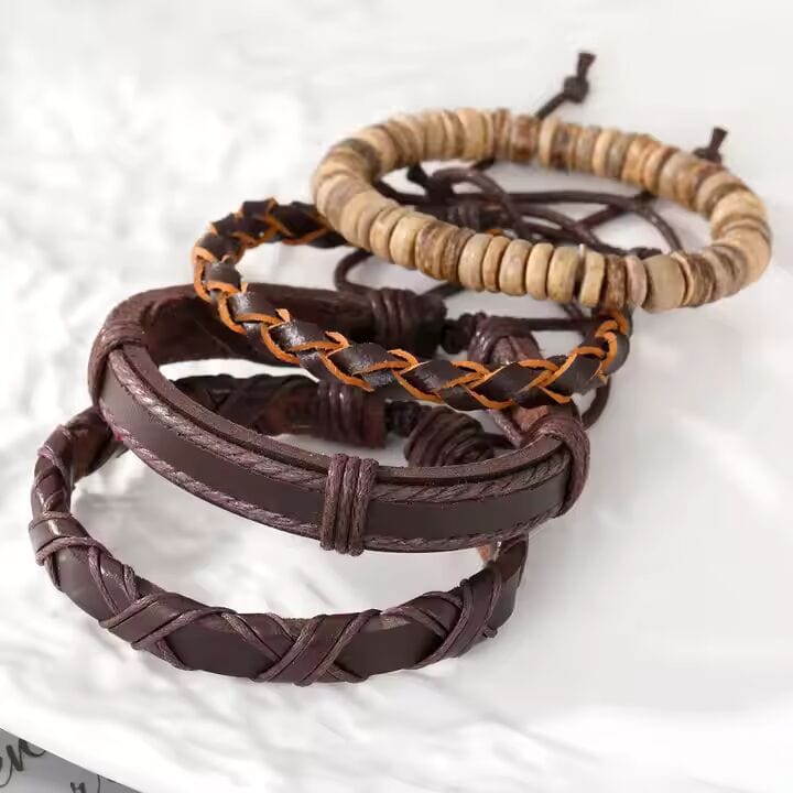 THE MEN THING Leather Bracelet SURVIVOR’S STRAND - 4 Pcs Genuine Braided Leather Bracelet Set for Men & Boys (8 inch)
