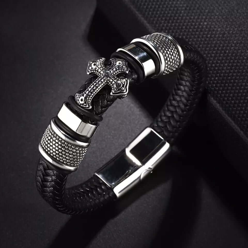 THE MEN THING Leather Bracelet TEMPLAR CROSS BLACK - Genuine Leather Braided Bracelet with Stainless Steel Magnetic Buckle for Men & Boys (8 inch)