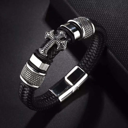 THE MEN THING Leather Bracelet TEMPLAR CROSS BLACK - Genuine Leather Braided Bracelet with Stainless Steel Magnetic Buckle for Men & Boys (8 inch)