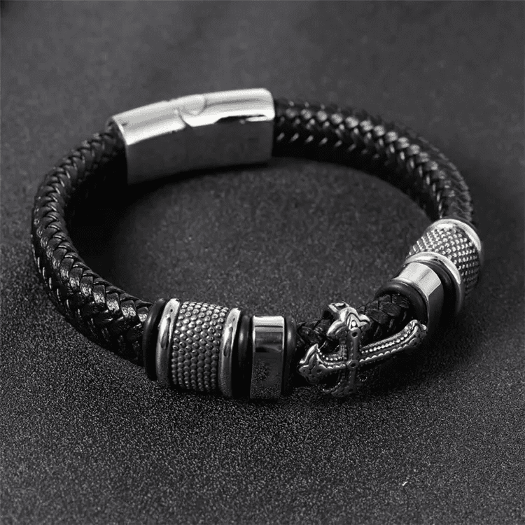 THE MEN THING Leather Bracelet TEMPLAR CROSS BLACK - Genuine Leather Braided Bracelet with Stainless Steel Magnetic Buckle for Men & Boys (8 inch)
