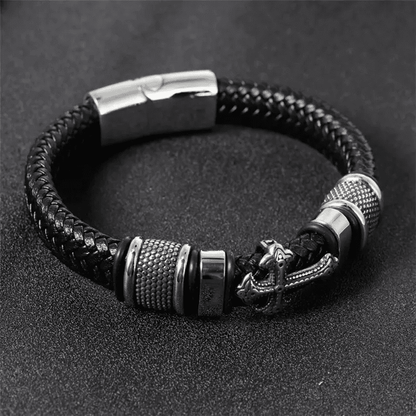 THE MEN THING Leather Bracelet TEMPLAR CROSS BLACK - Genuine Leather Braided Bracelet with Stainless Steel Magnetic Buckle for Men & Boys (8 inch)