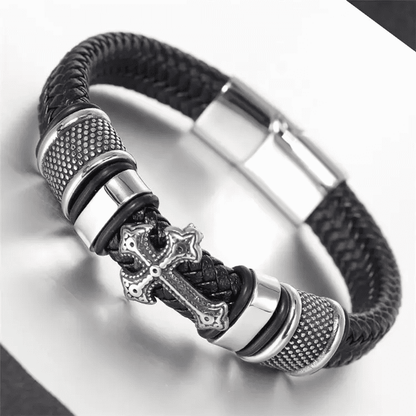 THE MEN THING Leather Bracelet TEMPLAR CROSS BLACK - Genuine Leather Braided Bracelet with Stainless Steel Magnetic Buckle for Men & Boys (8 inch)