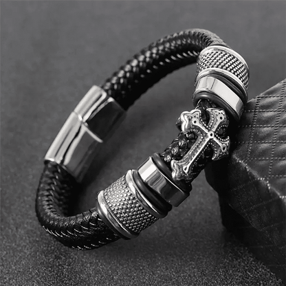 THE MEN THING Leather Bracelet TEMPLAR CROSS BLACK - Genuine Leather Braided Bracelet with Stainless Steel Magnetic Buckle for Men & Boys (8 inch)