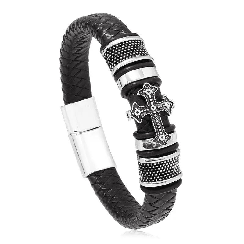 THE MEN THING Leather Bracelet TEMPLAR CROSS BLACK - Genuine Leather Braided Bracelet with Stainless Steel Magnetic Buckle for Men & Boys (8 inch)