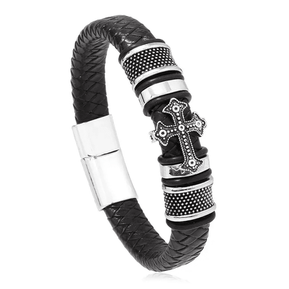 THE MEN THING Leather Bracelet TEMPLAR CROSS BLACK - Genuine Leather Braided Bracelet with Stainless Steel Magnetic Buckle for Men & Boys (8 inch)