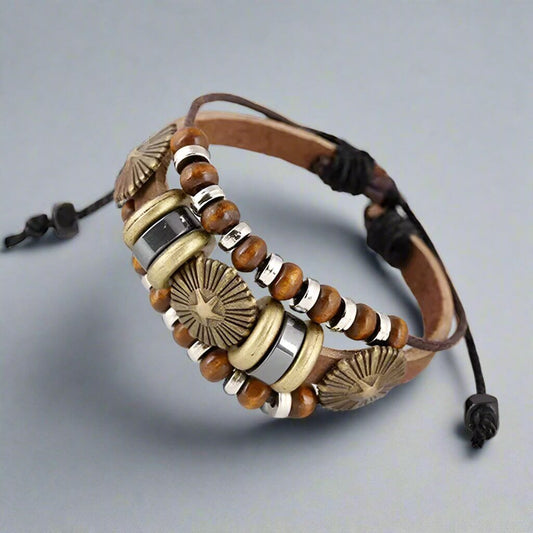 THE MEN THING Leather Bracelet TERRA BROWN - Genuine Leather Multi-Layer Beads Bracelet with Adjustable  Rope for Men & Boys