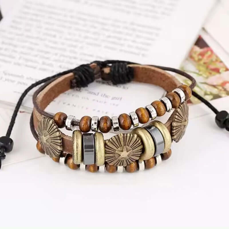 THE MEN THING Leather Bracelet TERRA BROWN - Genuine Leather Multi-Layer Beads Bracelet with Adjustable  Rope for Men & Boys