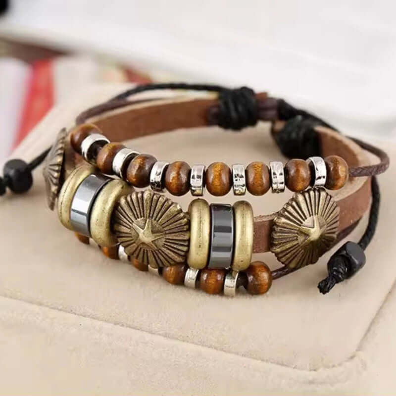 THE MEN THING Leather Bracelet TERRA BROWN - Genuine Leather Multi-Layer Beads Bracelet with Adjustable  Rope for Men & Boys