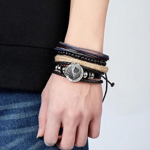 THE MEN THING Leather Bracelet THE GAMBLER’S CUFF - 4 Pcs Genuine Braided Leather Bracelet Set for Men & Boys (8 inch)