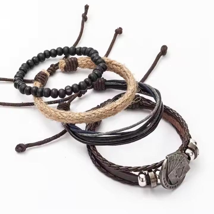 THE MEN THING Leather Bracelet THE GAMBLER’S CUFF - 4 Pcs Genuine Braided Leather Bracelet Set for Men & Boys (8 inch)