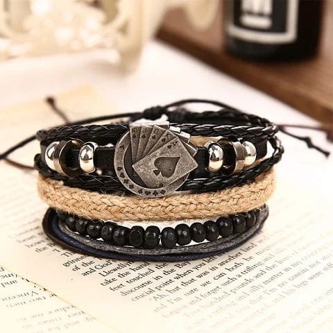 THE MEN THING Leather Bracelet THE GAMBLER’S CUFF - 4 Pcs Genuine Braided Leather Bracelet Set for Men & Boys (8 inch)