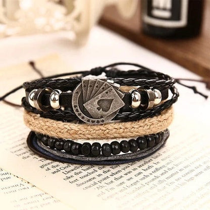 THE MEN THING Leather Bracelet THE GAMBLER’S CUFF - 4 Pcs Genuine Braided Leather Bracelet Set for Men & Boys (8 inch)