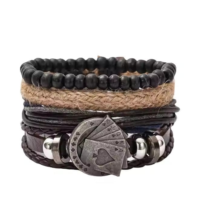 THE MEN THING Leather Bracelet THE GAMBLER’S CUFF - 4 Pcs Genuine Braided Leather Bracelet Set for Men & Boys (8 inch)