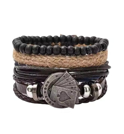THE MEN THING Leather Bracelet THE GAMBLER’S CUFF - 4 Pcs Genuine Braided Leather Bracelet Set for Men & Boys (8 inch)