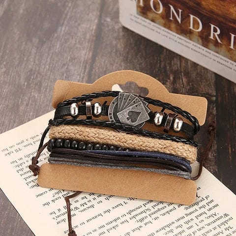 THE MEN THING Leather Bracelet THE GAMBLER’S CUFF - 4 Pcs Genuine Braided Leather Bracelet Set for Men & Boys (8 inch)