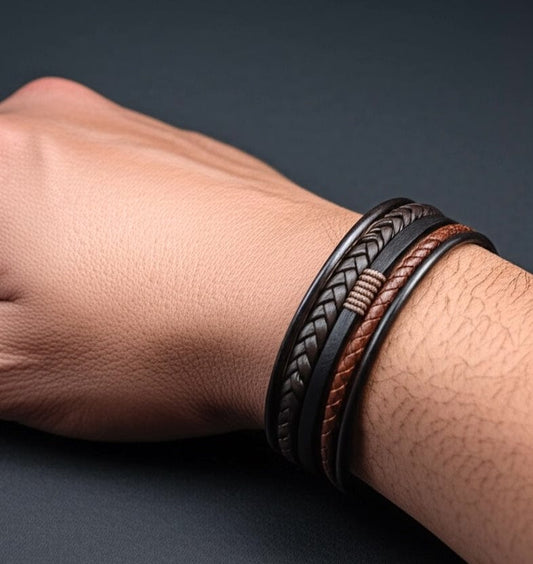 THE MEN THING Leather Bracelet TIERED TREASURE BROWN -  Leather Bracelet for Men - American Style Genuine Leather Multi-Layer Braided Bracelet with Stainless Steel Magnetic Buckle for Men & Boys