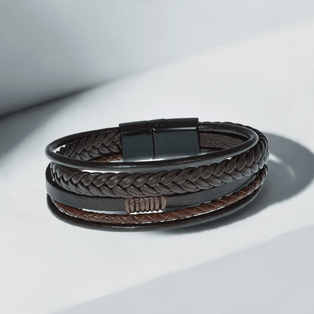 THE MEN THING Leather Bracelet TIERED TREASURE BROWN -  Leather Bracelet for Men - American Style Genuine Leather Multi-Layer Braided Bracelet with Stainless Steel Magnetic Buckle for Men & Boys