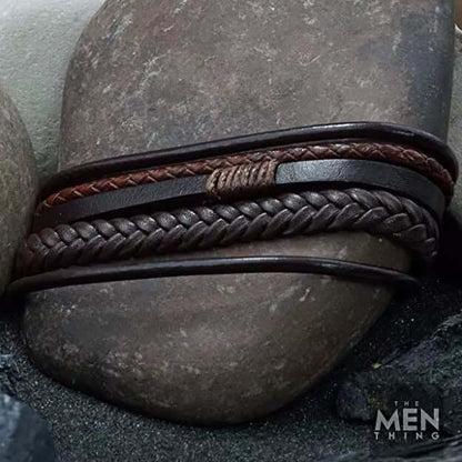 THE MEN THING Leather Bracelet TIERED TREASURE BROWN -  Leather Bracelet for Men - American Style Genuine Leather Multi-Layer Braided Bracelet with Stainless Steel Magnetic Buckle for Men & Boys