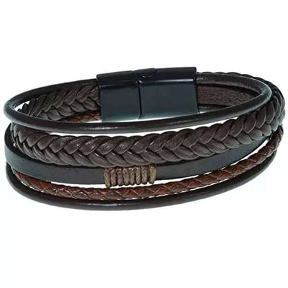 THE MEN THING Leather Bracelet TIERED TREASURE BROWN -  Leather Bracelet for Men - American Style Genuine Leather Multi-Layer Braided Bracelet with Stainless Steel Magnetic Buckle for Men & Boys