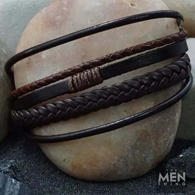 THE MEN THING Leather Bracelet TIERED TREASURE BROWN -  Leather Bracelet for Men - American Style Genuine Leather Multi-Layer Braided Bracelet with Stainless Steel Magnetic Buckle for Men & Boys