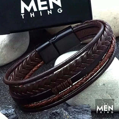THE MEN THING Leather Bracelet TIERED TREASURE BROWN -  Leather Bracelet for Men - American Style Genuine Leather Multi-Layer Braided Bracelet with Stainless Steel Magnetic Buckle for Men & Boys