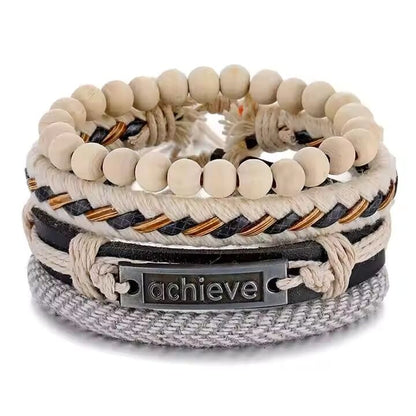 THE MEN THING Leather Bracelet TRAVERSE KNOT  -  4 Pcs Genuine Braided Leather Bracelet Set for Men & Boys (8 inch)
