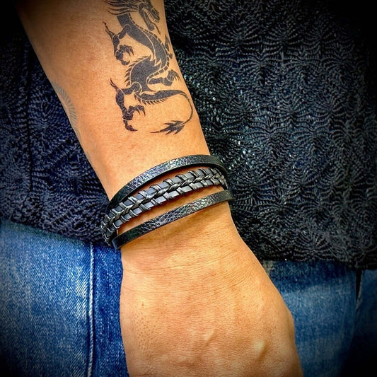 THE MEN THING Leather Bracelet TRI-PLY -  European Style Genuine Leather Bracelet with Multi-Layer Braided, 100% Stainless Steel Magnetic Buckle for Men & Boys (8.5inch)