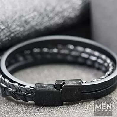 THE MEN THING Leather Bracelet TRI-PLY -  European Style Genuine Leather Bracelet with Multi-Layer Braided, 100% Stainless Steel Magnetic Buckle for Men & Boys (8.5inch)