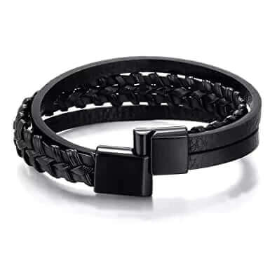 THE MEN THING Leather Bracelet TRI-PLY -  European Style Genuine Leather Bracelet with Multi-Layer Braided, 100% Stainless Steel Magnetic Buckle for Men & Boys (8.5inch)