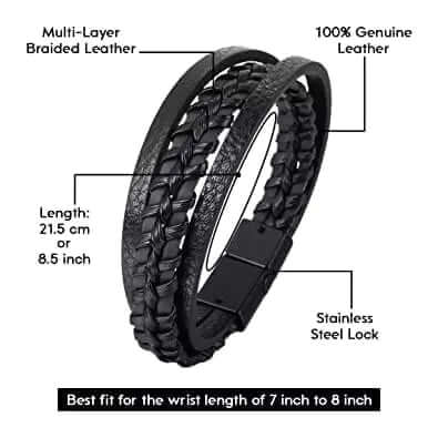 THE MEN THING Leather Bracelet TRI-PLY -  European Style Genuine Leather Bracelet with Multi-Layer Braided, 100% Stainless Steel Magnetic Buckle for Men & Boys (8.5inch)