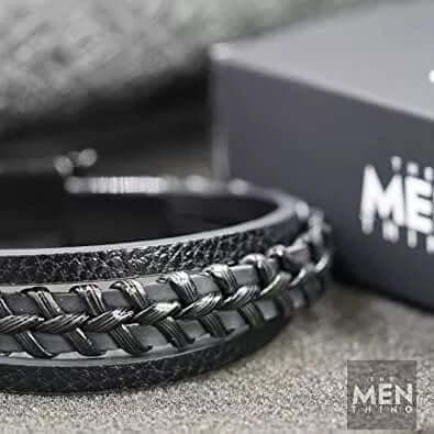 THE MEN THING Leather Bracelet TRI-PLY -  European Style Genuine Leather Bracelet with Multi-Layer Braided, 100% Stainless Steel Magnetic Buckle for Men & Boys (8.5inch)