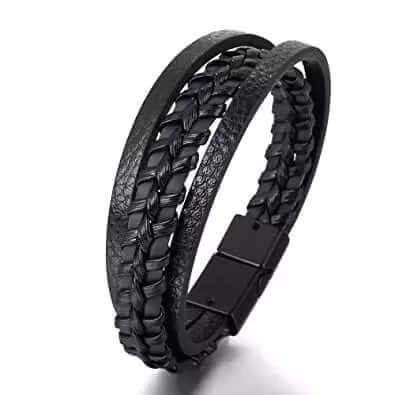 THE MEN THING Leather Bracelet TRI-PLY -  European Style Genuine Leather Bracelet with Multi-Layer Braided, 100% Stainless Steel Magnetic Buckle for Men & Boys (8.5inch)