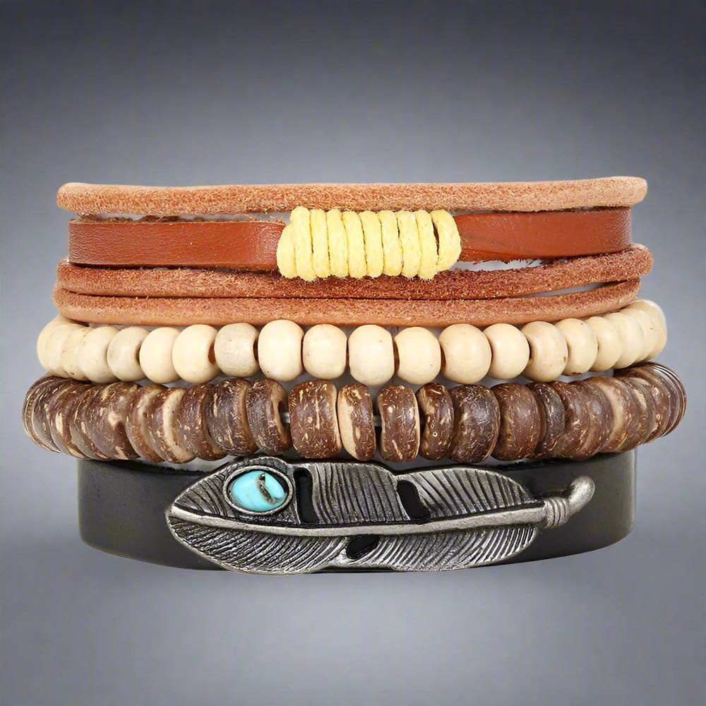 THE MEN THING Leather Bracelet TRIBAL FEATHER STACK -  4 Pcs Genuine Braided Leather Bracelet Set for Men & Boys (8 inch)