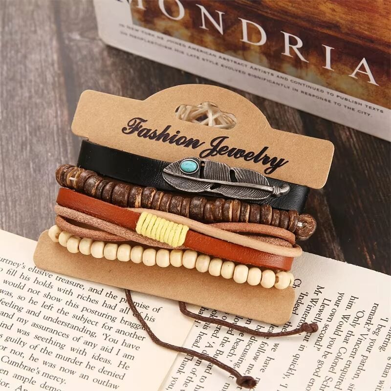THE MEN THING Leather Bracelet TRIBAL FEATHER STACK -  4 Pcs Genuine Braided Leather Bracelet Set for Men & Boys (8 inch)