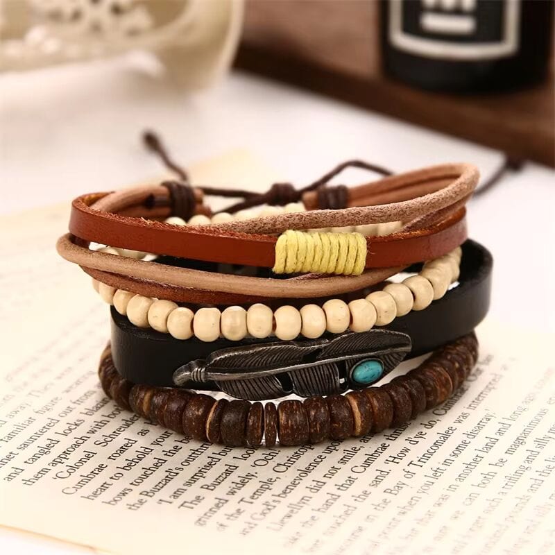 THE MEN THING Leather Bracelet TRIBAL FEATHER STACK -  4 Pcs Genuine Braided Leather Bracelet Set for Men & Boys (8 inch)