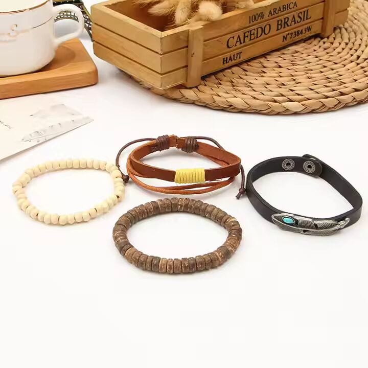 THE MEN THING Leather Bracelet TRIBAL FEATHER STACK -  4 Pcs Genuine Braided Leather Bracelet Set for Men & Boys (8 inch)