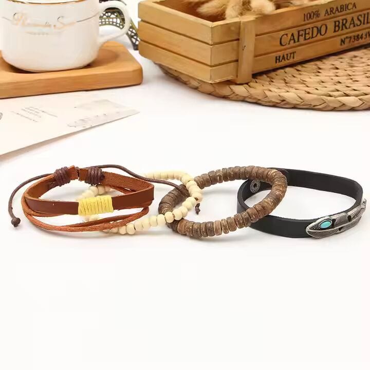 THE MEN THING Leather Bracelet TRIBAL FEATHER STACK -  4 Pcs Genuine Braided Leather Bracelet Set for Men & Boys (8 inch)