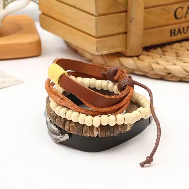 THE MEN THING Leather Bracelet TRIBAL FEATHER STACK -  4 Pcs Genuine Braided Leather Bracelet Set for Men & Boys (8 inch)