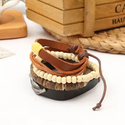 THE MEN THING Leather Bracelet TRIBAL FEATHER STACK -  4 Pcs Genuine Braided Leather Bracelet Set for Men & Boys (8 inch)