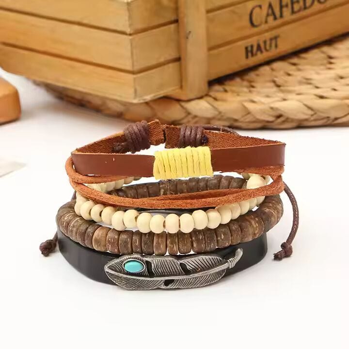 THE MEN THING Leather Bracelet TRIBAL FEATHER STACK -  4 Pcs Genuine Braided Leather Bracelet Set for Men & Boys (8 inch)