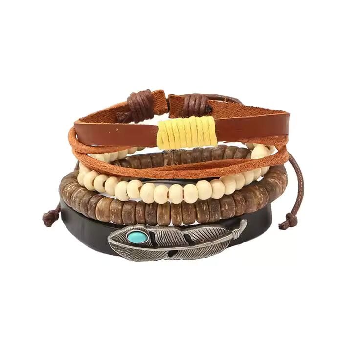 THE MEN THING Leather Bracelet TRIBAL FEATHER STACK -  4 Pcs Genuine Braided Leather Bracelet Set for Men & Boys (8 inch)