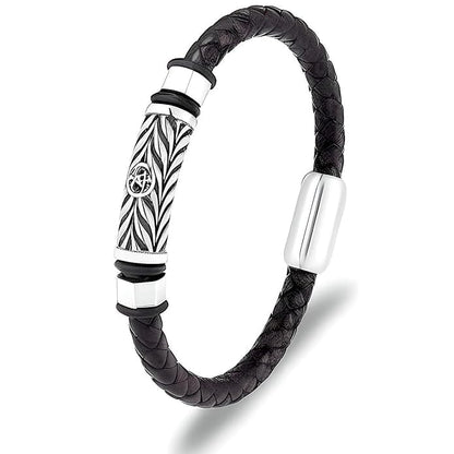 THE MEN THING Leather Bracelet TRINKET BLACK - Woven Black Genuine Leather Bracelet with Stainless Steel Magnetic Buckle for Men & Boy (8 inch)